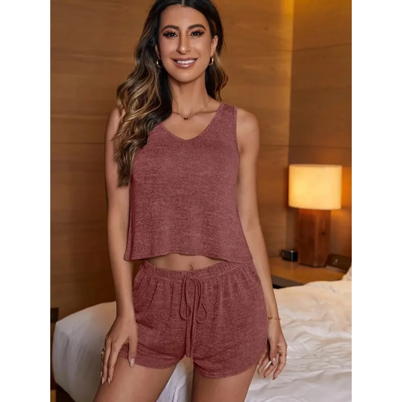 Traje de mujer Chaleco Top Moda VCollar Pantalones cortos sin mangas 2025 Traje de verano