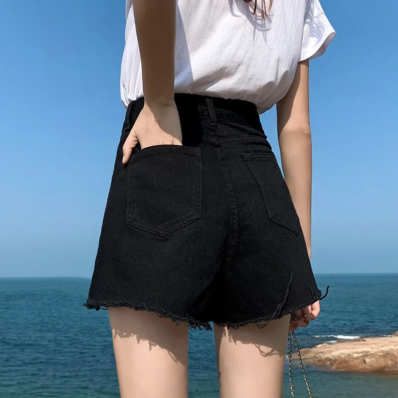 

Fashion High Waist Denim Shorts Women's Loose Fit Hole Design Spring Summer Outer Wear Hot Pants Wide Leg Jeans Slimming Effect