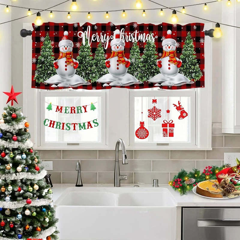 New 137X45cm Christmas Window Curtain Snowman Xmas Tree Kitchen Bedroom Living Room Short Drapes Home Decoration New Year Gifts