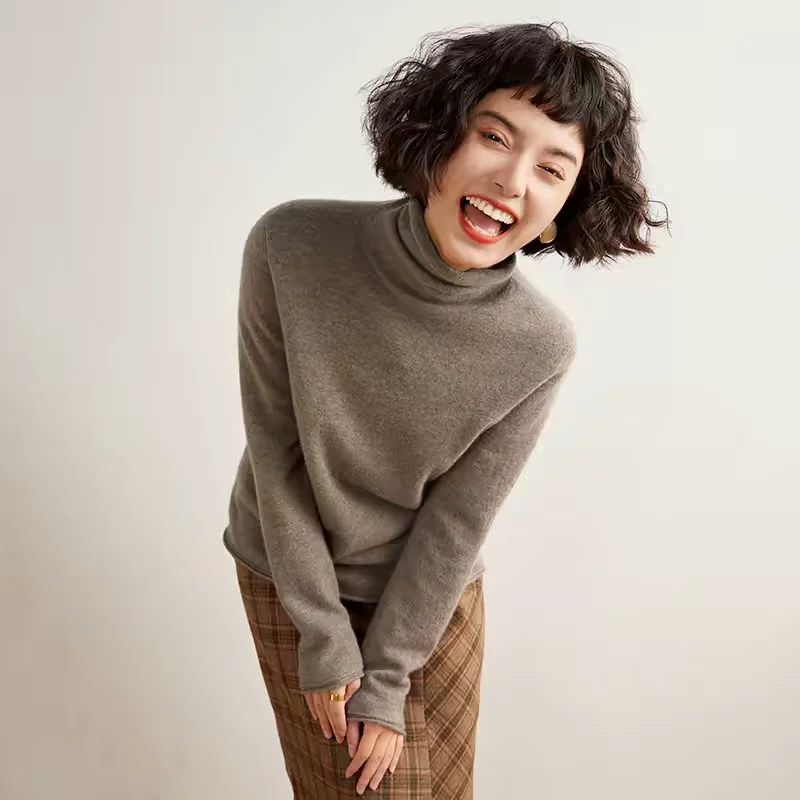 Warm Wool Sweater Women's High Neck Pullover Long Sleeved Solid Color Loose Basic Style Jumper AutumnWinter 100%Wool Knitted Top