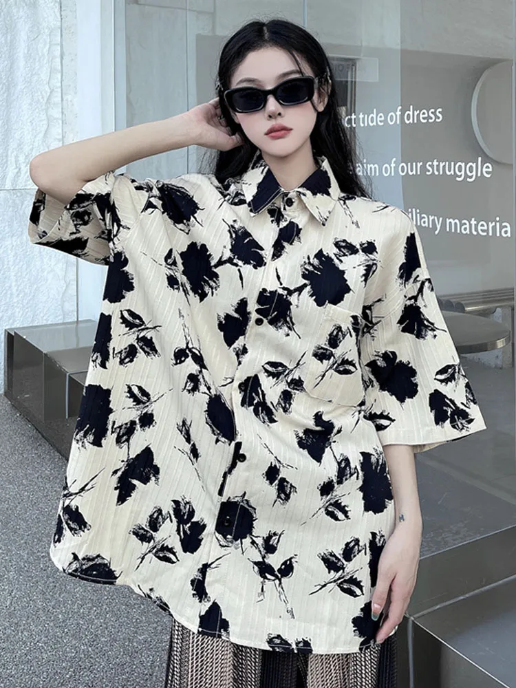 SONNEESD Streetwear Summer Vintage Tooling Style Single-Breasted Short Sleeve Harajuku Flower Printing Loose Blouses Shirt