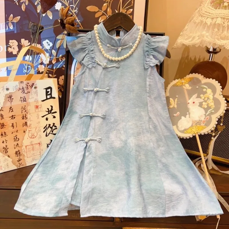 

TOY-Girls' Dress Chinese Style2025Summer Style Girl Fashion Doll Dress Baby Flutter Sleeve Cheongsam Dress