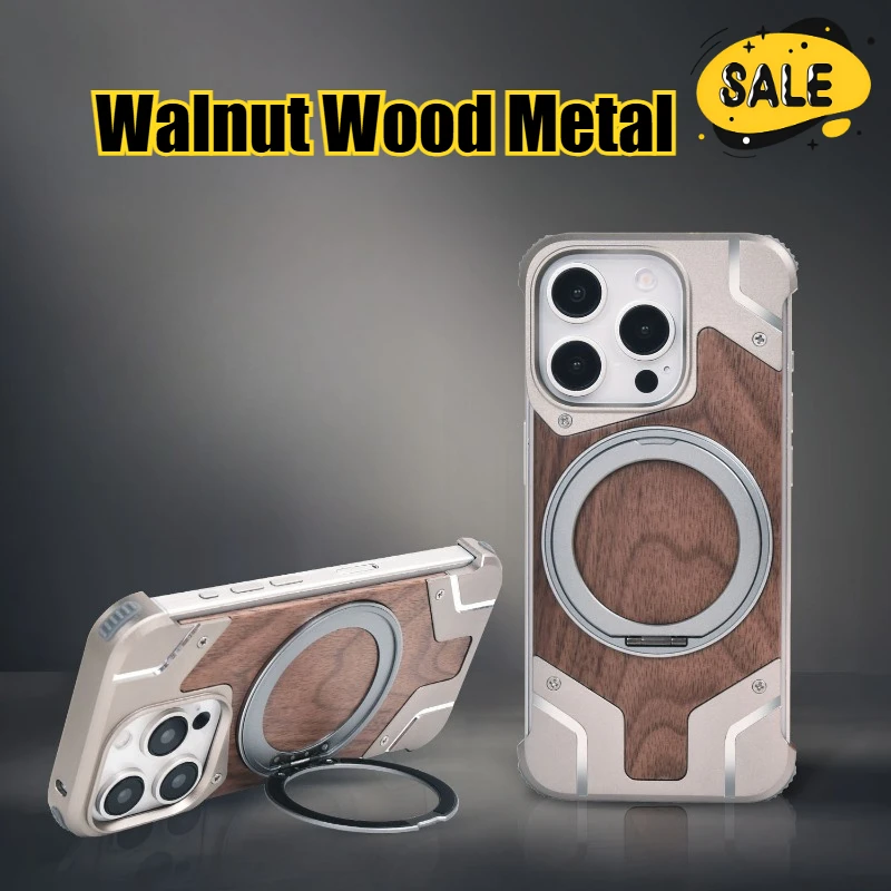 

Walnut Wood Metal Frameless Magnetic Heat Dissipation Phone Case for Iphone16 15 14 13 Pro Max 360°Rotating Ring Stand Anti-drop