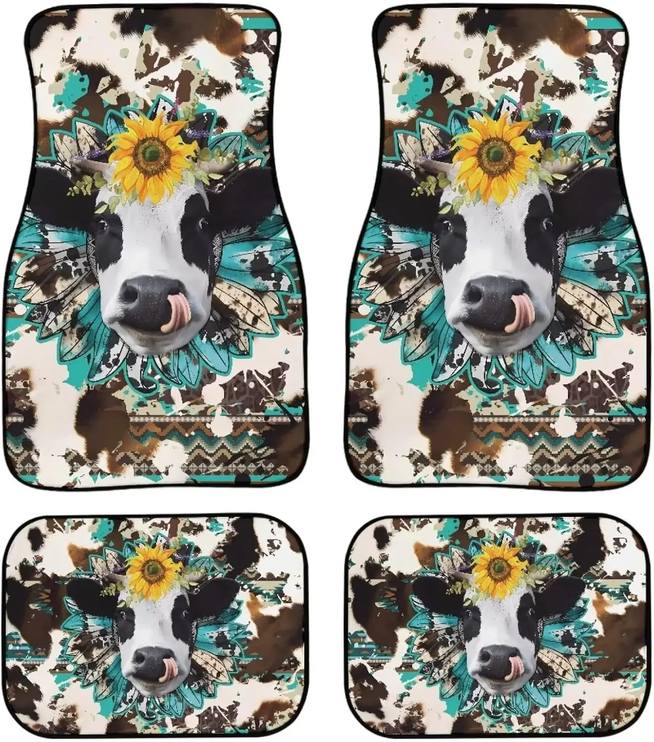 

Binienty Sunflower Cow Print Floor Mats for Car Universal Floor Mats for Auto, 4 Pieces Car Rubber Floor Mats Full Set
