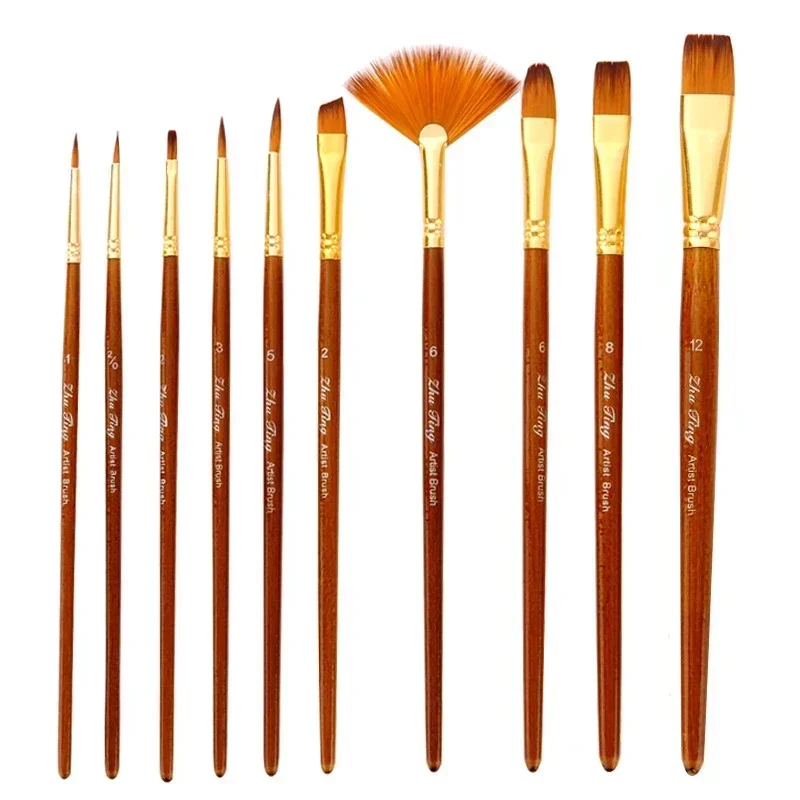 10pcs Nylon Hair Short Rod Brown Painting Brush for Oil Acrylic Paint Brush Set Multiple Styles Watercolor Gouache Art Supplies