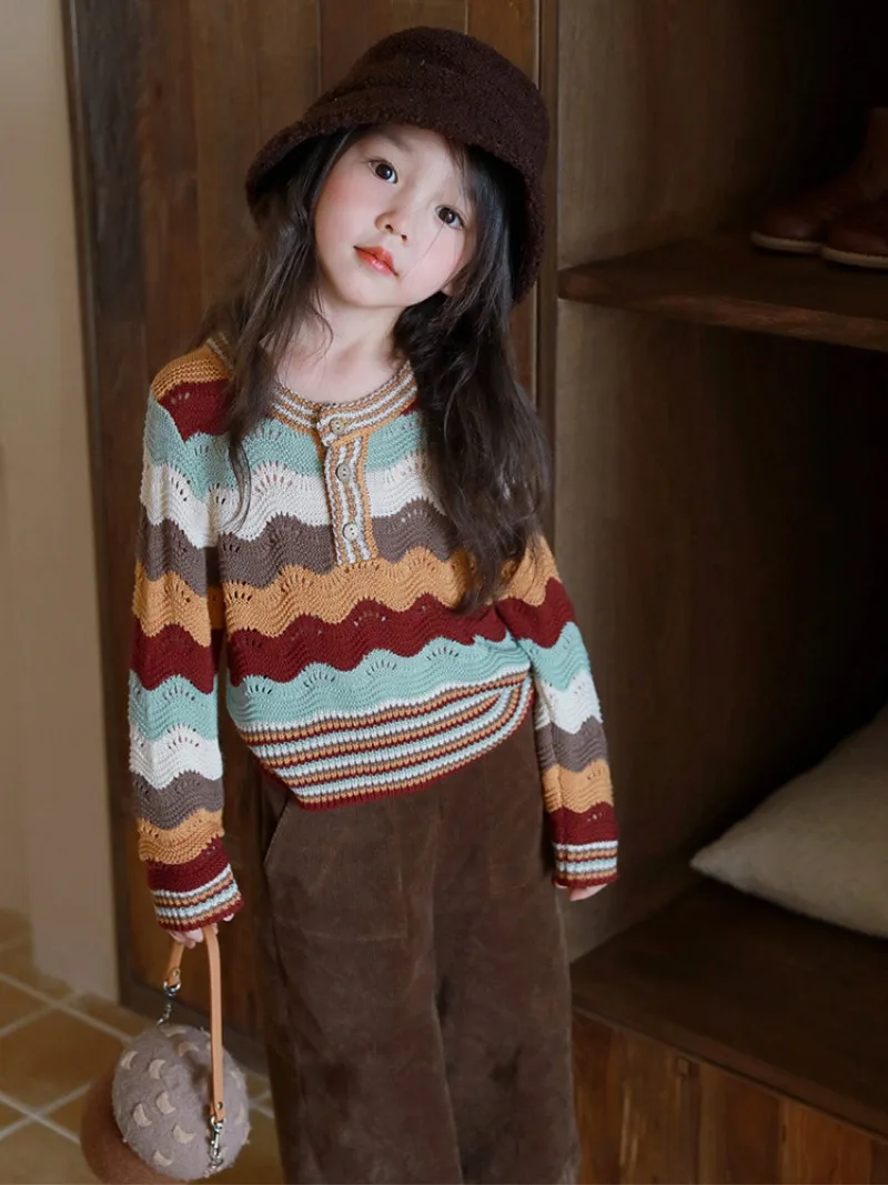 New Girls Spring Autumn Two Piece Sets Top Sweater Knit Coat Wide Leg Pant Loose Fashion Outdoor All-match Sweet