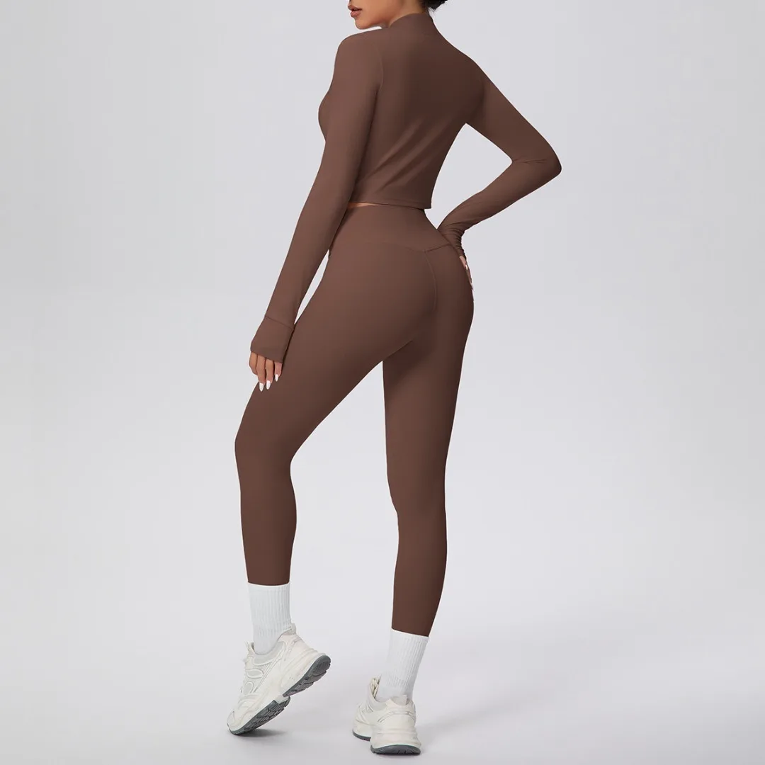 على الوجهين نحى كم طويل السراويل اليوغا مجموعة عالية الخصر الورك رفع ضيق عارية يشعر سستة سترة قصيرة تشغيل اللياقة البدنية اليوغا مجموعة #5