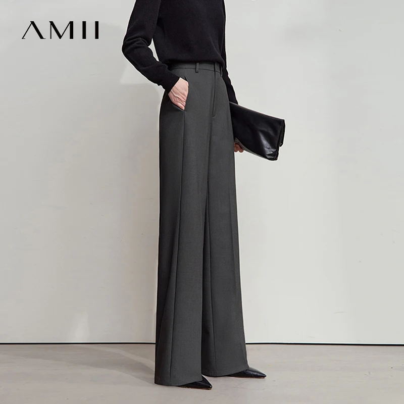 AMII 2025 الخريف بنطال ذو قصة أرجل واسعة بساطتها الصلبة أنيقة مكتب سيدة سليم السراويل الطويلة عادية فضفاض الأعمال بنطلون 12543034