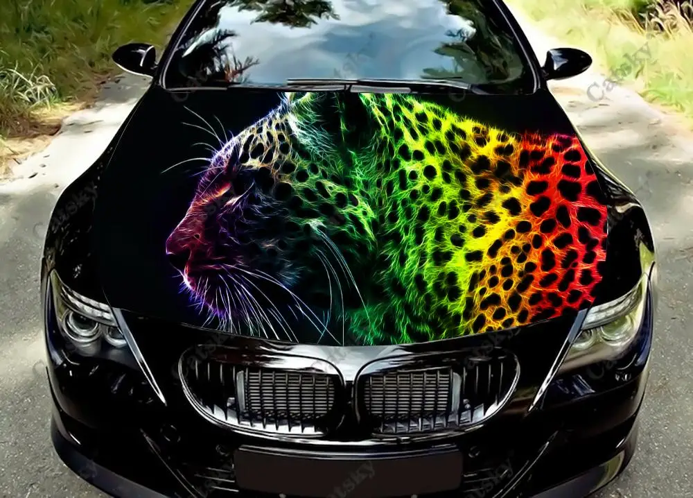 Animal Colour Leopard Car Hood Vinyl Sticker Wrap Engine Cover Decal Full Color Graphic Fit Any Auto Accessories Protective Film