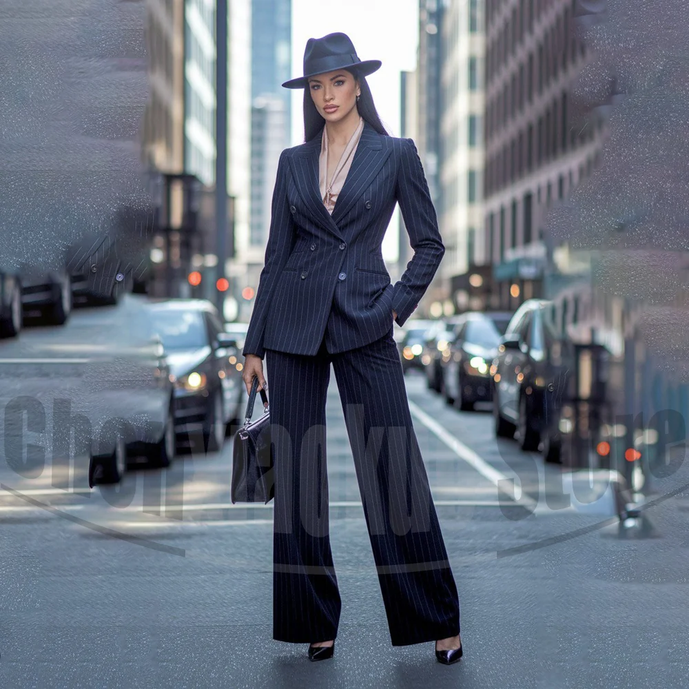 

Women's Striped Double Breasted Suit Set Elegant Tailored Navy Blue Blazer and Wide Leg Pants Office Formal Business Outfit