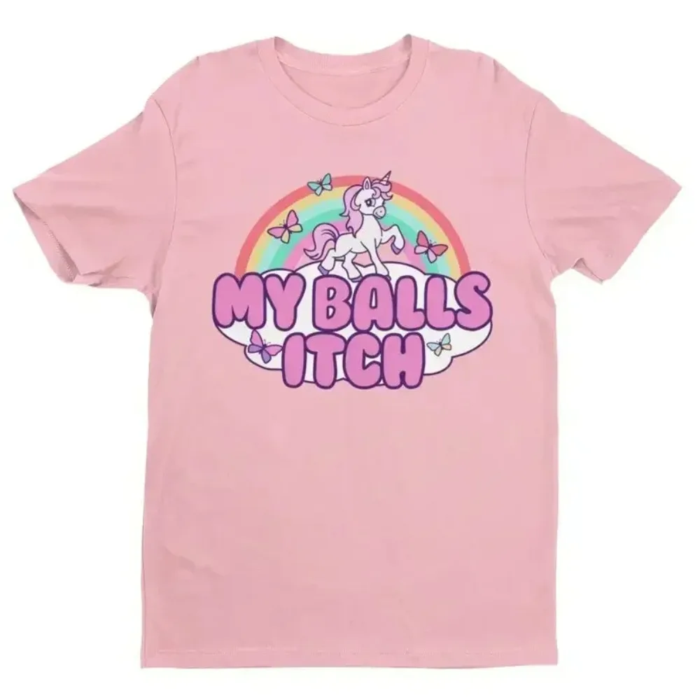 Lustiges Meme-T-Shirt „My Balls Itch“ – Ironisches Einhorn-Regenbogen-T-Shirt – Peinliches, seltsames, witziges Meme-T-Shirt mit unangemessenem Zitat – Y2K-Witz – Detail 4