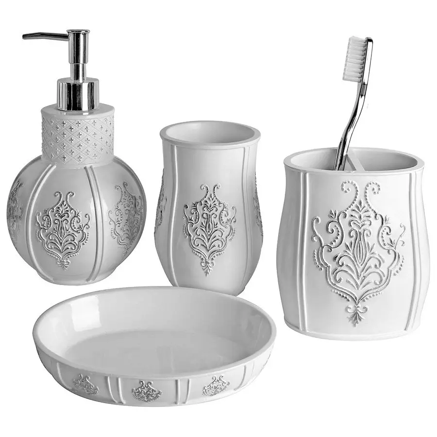 

Vintage White Bathroom Accessories Set 4 Piece Bathroom Set Farmhouse French Country Bathroom Accessory Set Features Soap Dispen