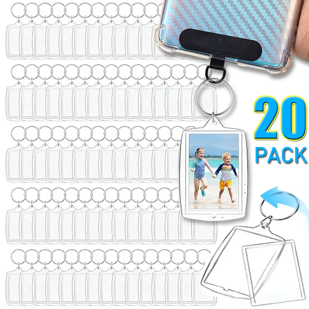 1/20pcs Clear Acrylic Rectangle Blank Insert Photo Picture Frame Phone Pendants Keyring Keychain DIY Split Key Ring Chain Gifts