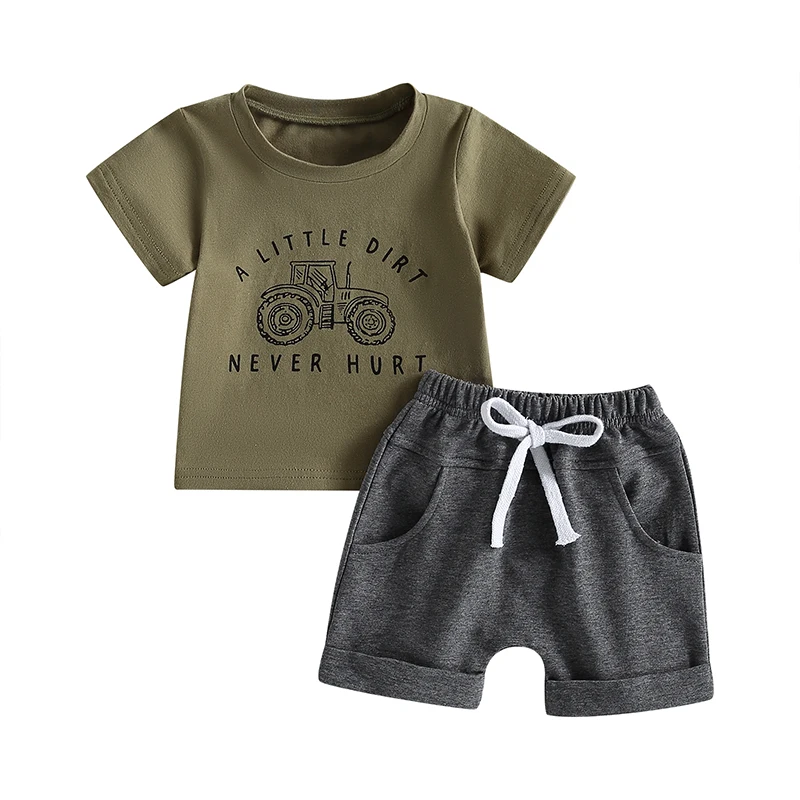 

0-3Y Infant Boys Summer Clothes Outfits Letter Tractor Print Crew Neck Short Sleeve T-Shirts and Elastic Waist Shorts Suit