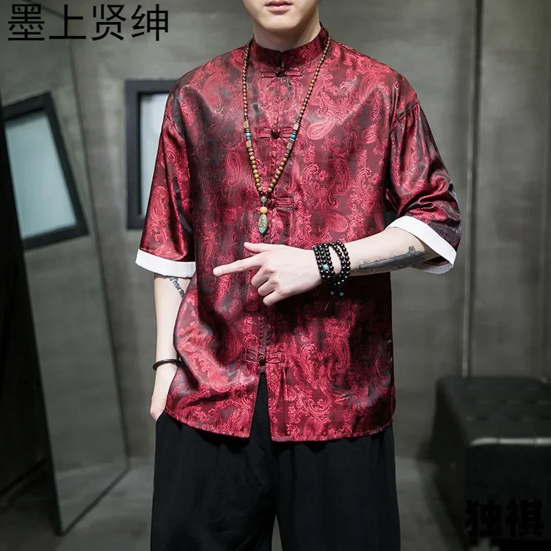 الرجال الملابس النمط الصيني تانغ دعوى الجاكار نصف كم قميص الكونغ فو معاطف الربيع الصيف فضفاض الساتان بلوزة الرجال قميص