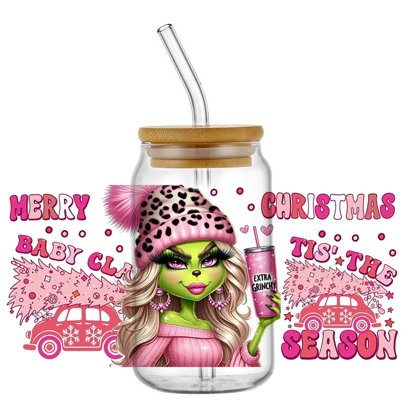 Winter Pink Girl 3D Washable UV DTF Transfer Sticker Waterproof Transfers Xmas Decals for 16oz Glass Cup Wrap Stickers