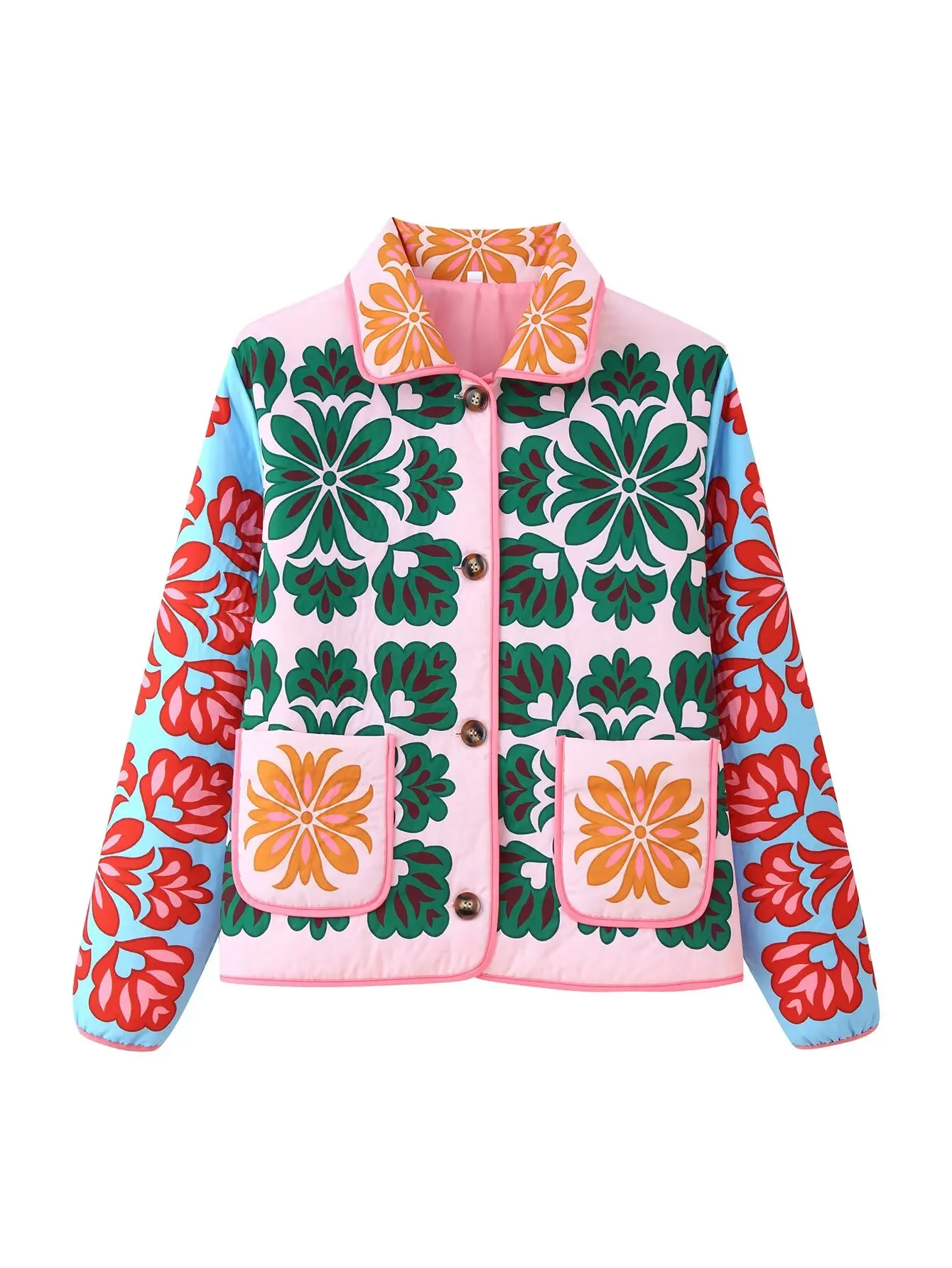 

Women Floral Print Parkas Coat Single Breasted Outwear With Pockets Autumn Winter