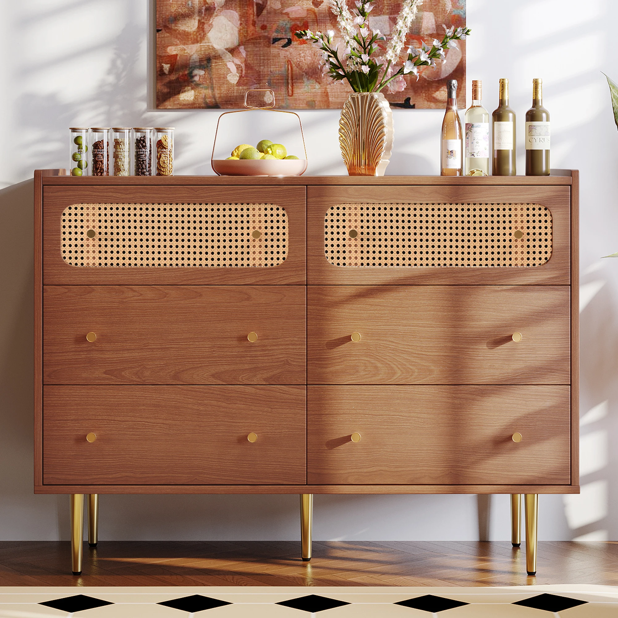 6-Schubladen-Rattan-Sideboard, Nussbaum-Highboard für Schlafzimmer und Wohnbereiche - H90/B120/T40 cm – Detail 27