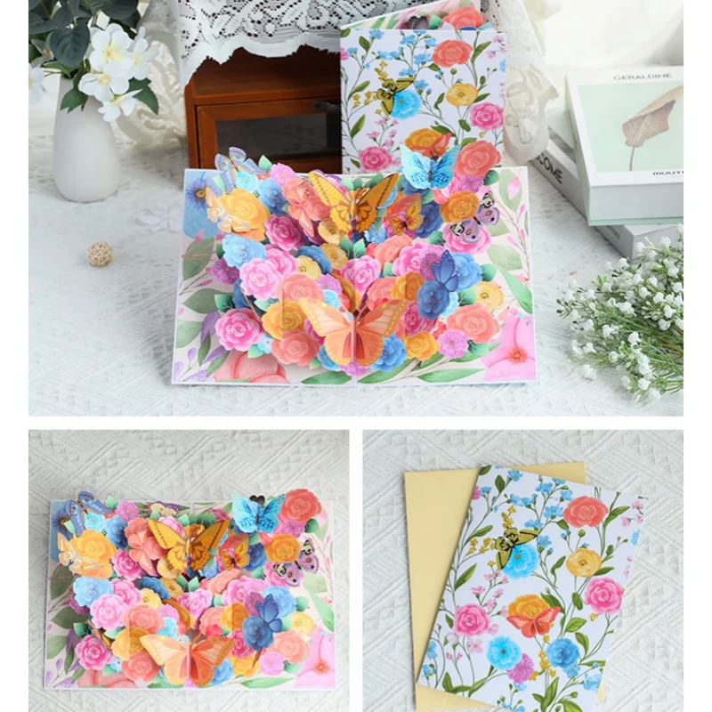 

New Birthday 3D Pop-Up Card: Colorful Butterflies, Creative Hand-Cut Paper Art, Wishes of Gratitude, Mother's Day