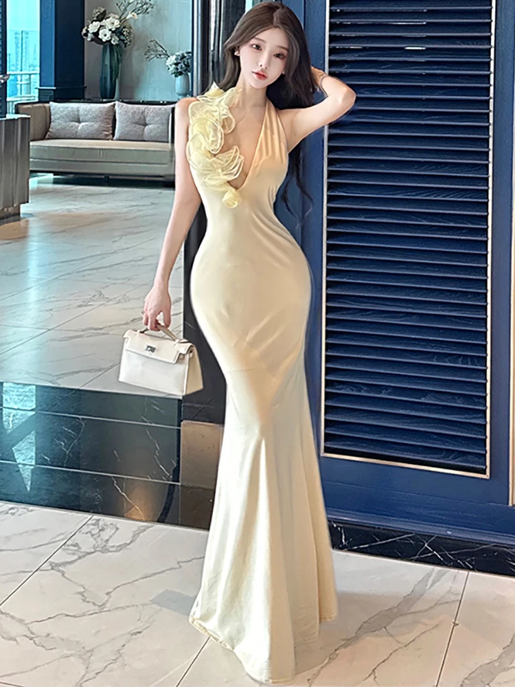 Women Solid Elegant Floral Neck-mounted Sexy Long Dress Summer Fashion Chic Casual Ruffled Dress 2025 Korean Bodycon Party Dress