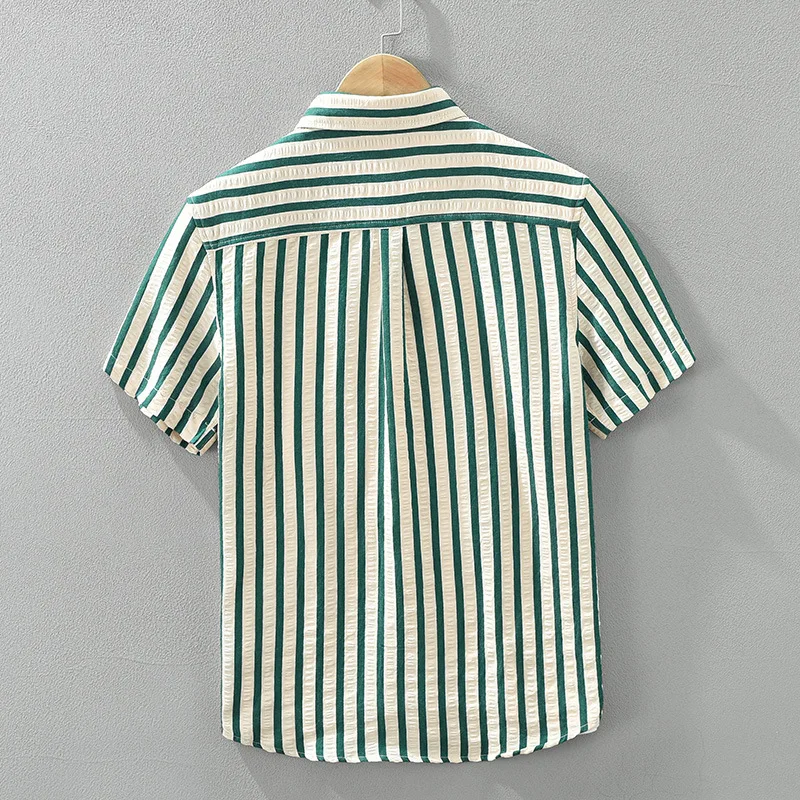 Japanese fresh striped short-sleeved shirt for men in summer, all-match casual and artistic loose tops