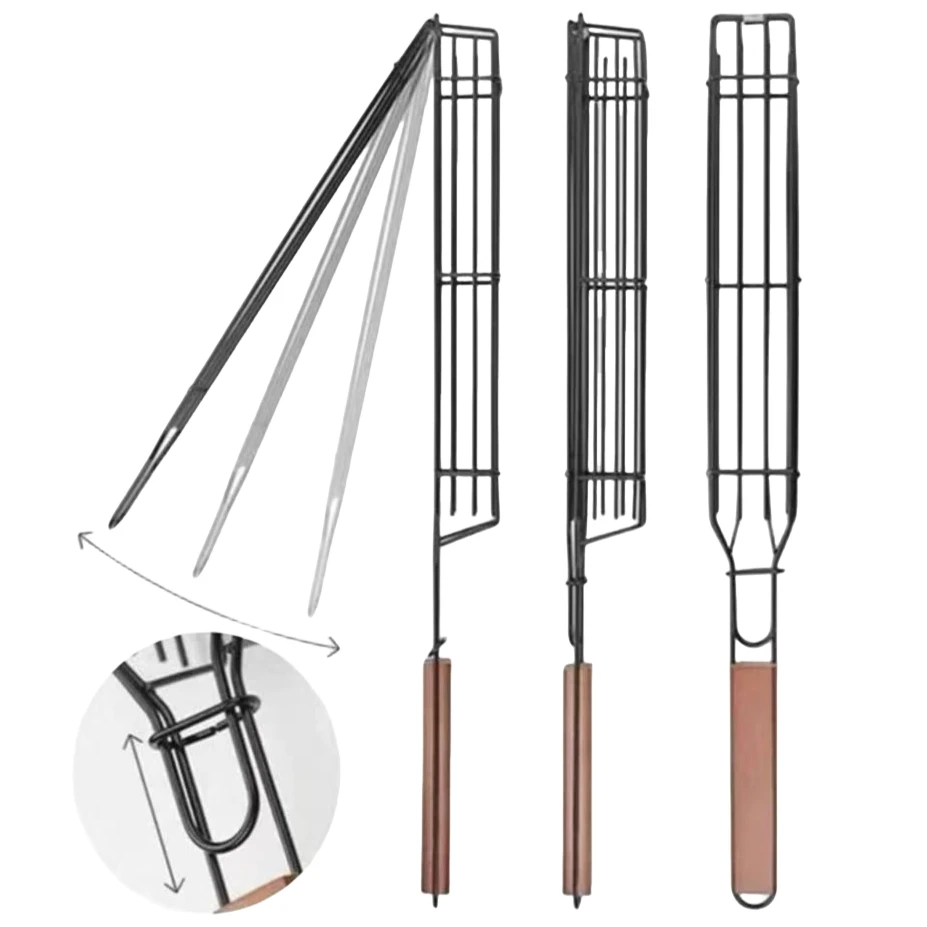 Jaula para barbacoa con mango de madera para exteriores, estante para barbacoa para carne y verduras para acampar, clip para salchichas para barbacoa de picnic