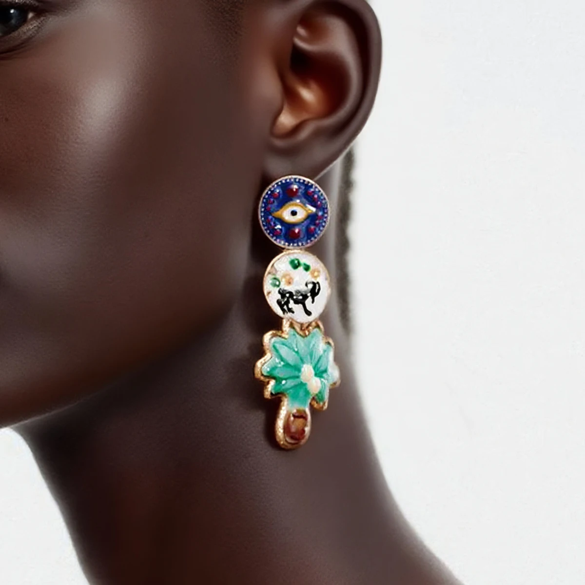 

ZAA Vintage Design Alloy Drop Oil Palm Tree Painting Flower Long Dangle Earrings for Women Holiday Party Jewelry Gifts