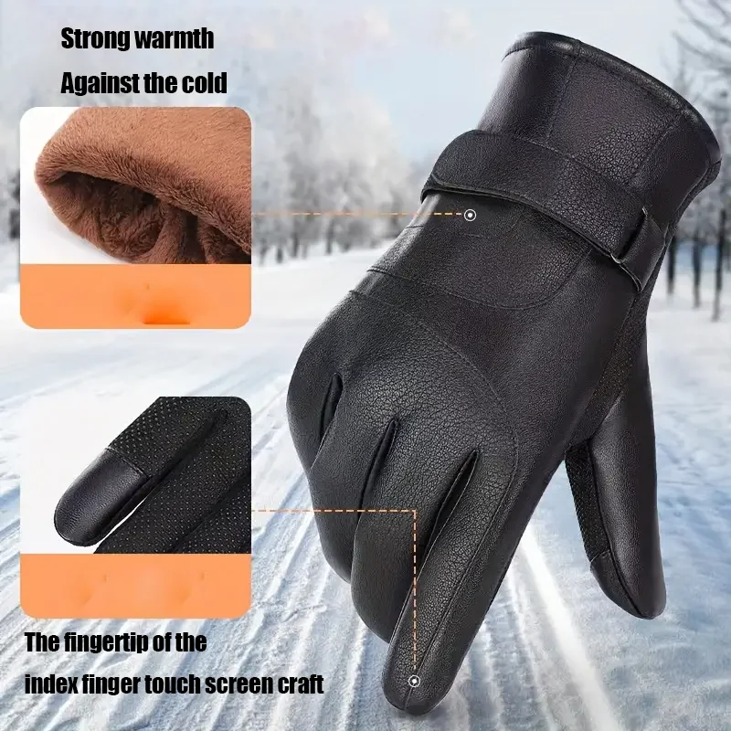 1 Pair Winter Cycling Leather Motorcycle Cotton Gloves Black Thick Velvet Cold Resistant And Windproof Cycling Cotton Gloves image 4