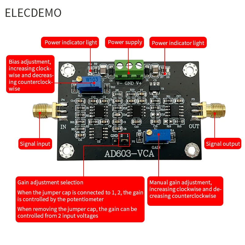 Moduł wzmacniacza o zmiennym wzmocnieniu VCA, szeroka pasmo przenoszenia, zakres wzmocnienia od -20 do 60 dB, ręczne lub programowalne sterowanie za pomocą DAC, DIY AD603 — zdjęcie produktu 4