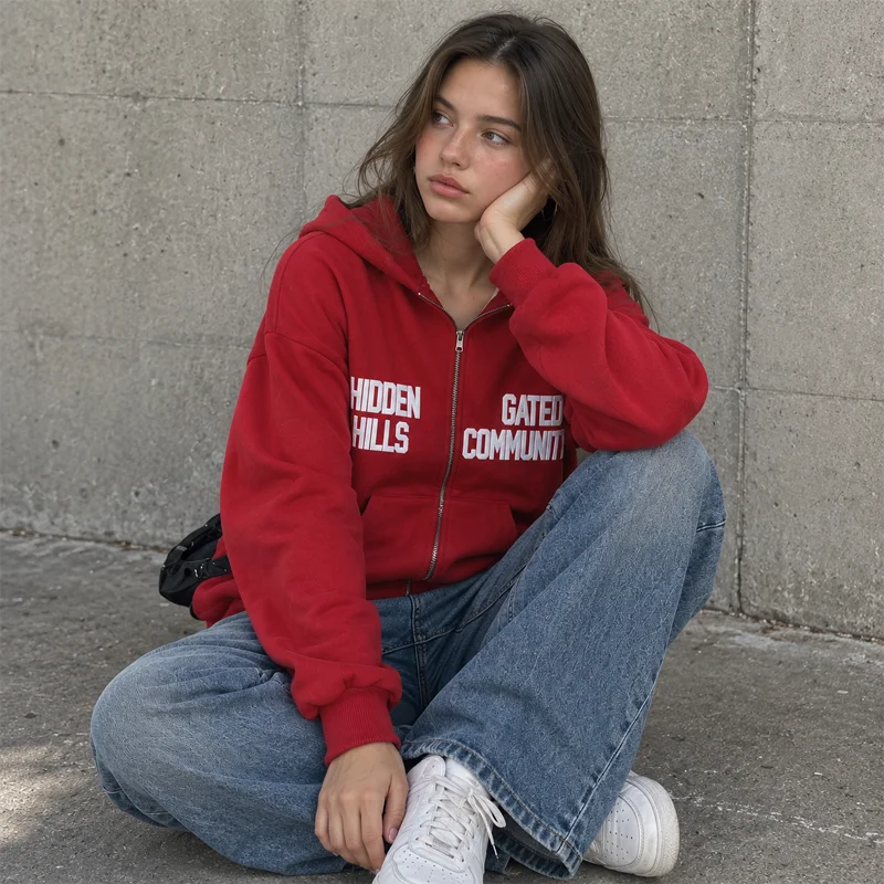 Damen-Kapuzenpullover mit Reißverschluss, Buchstabenmuster, lange Ärmel, Oversize-Sweatshirt, lässige Y2K-Streetwear-Jacke, schwarzes und rotes Kapuzentop für Damen. – Detail 4
