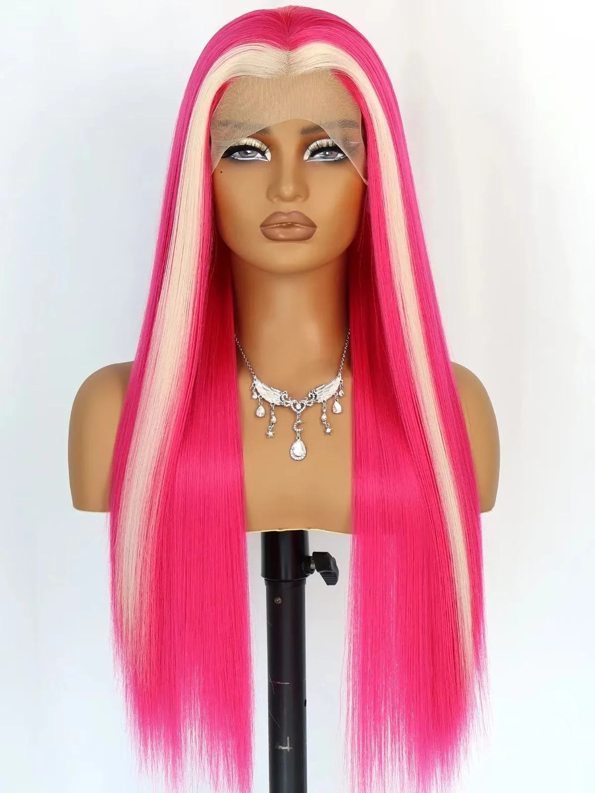 Hot Pink with Platinum Blonde Highlights 13x4 HD Lace Front Synthetic Wig, 180% Density, Long Straight Glueless Lace Front Wig for Women, Heat-Resistant Fashion Party Wig