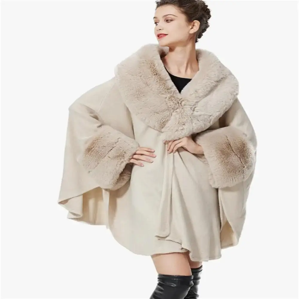 

2024 Big Faux Fur Circle Collar Cloak Women Party Long Warm Coat Winter Thick Knitted Batwing Sleeves Cape Loose Rabbit Overcoat