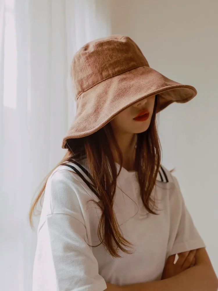 12cm Wide Brim Bucket Hat Women Outdoor Summer Foldable Big Brim Sun Hats Large 100% Cotton Panama Bob