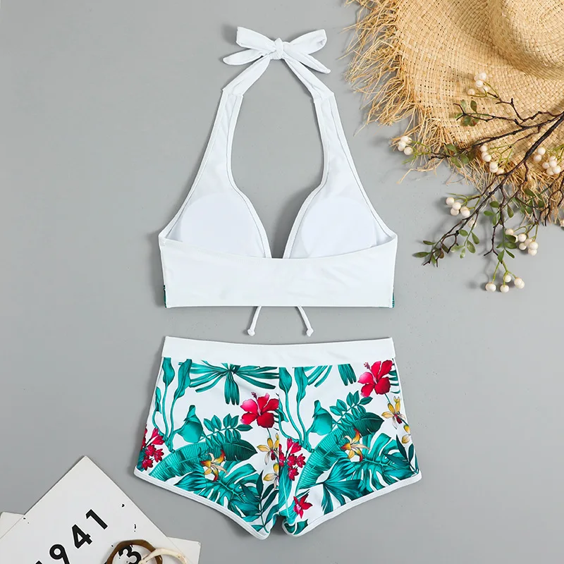 Women's Bikini Sets V Neck Tropical Leaf Print High Waisted Two Pieces Swimsuit with Shorts Swimwear Bathing Suits Vintage Pants