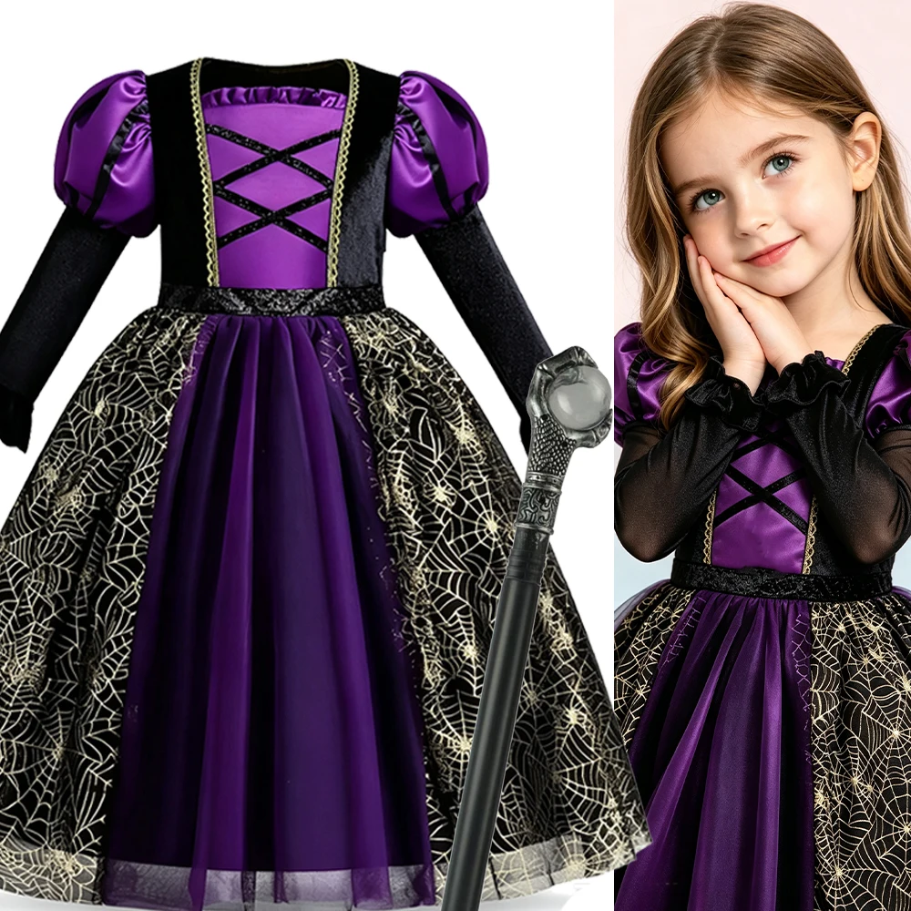 Gotisches, schwarzes, violettes Hexenkostüm für Mädchen im Alter von 2-10 Jahren, Halloween, Karneval, Party, Bühnenauftritt, langes Kleid mit langen Ärmeln. – Detail 2