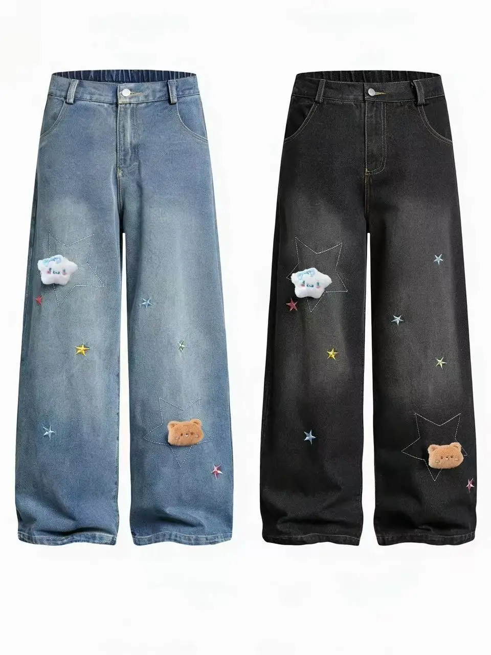 

American Sle Embroidered Bear Che Decorative Jeans High Waist Soft Denim Button Closure Straight Leg Wide Leg Pants