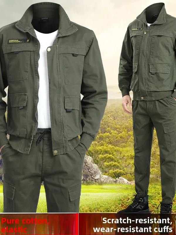 Pure Cotton Workwear Set Men's Loose Work orm Spring Autumn Thiened  Welding Heat Resistant Camouflage Clothing