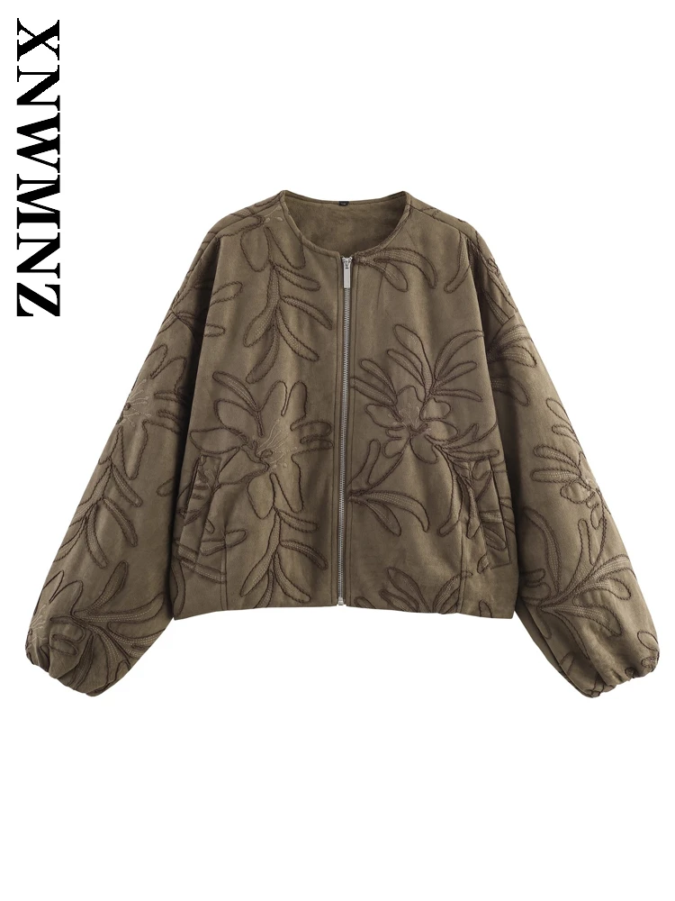 

XNWMNZ 2025 осенняя новая женская модная повседневная куртка с длинным рукавом и круглым воротником с принтом, винтажное женское коричневое пальто с цветочным принтом на молнии
