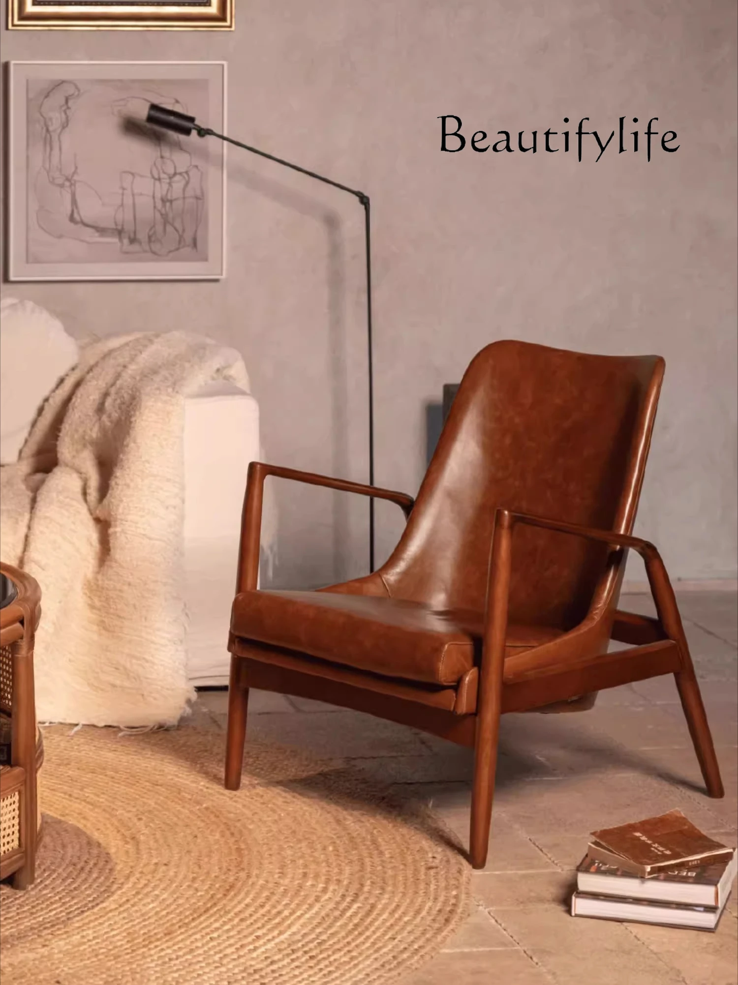 

Medieval style living room single designer light luxury French retro oil wax leather leather leisure chair