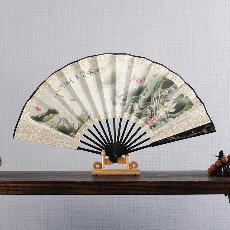 Folding Fan for Men, Carving and Printing, Classical Gift, Antique Chinese Style, Daily Fan Craft Decoration, 10 Inch Silk Cloth