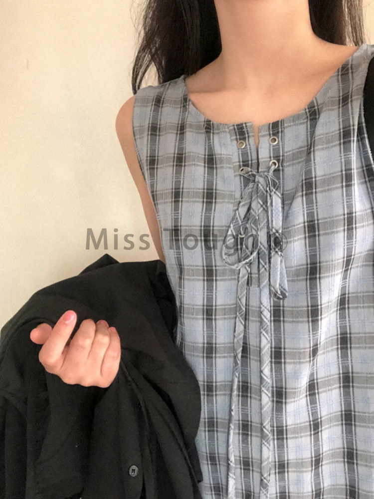 Korea Chic Summer Retro One Piece Dress Women Round Neck Cross Lace Up Loose Dresses Japan Sleeveless Casual Plaid Vest Dress