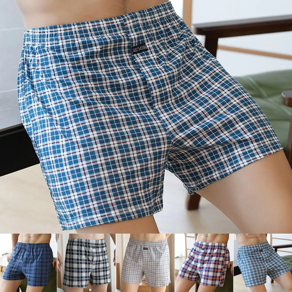 Men\'s Thick Loose Plaid Wide Leg Pure Cotton Short Home Wear Underwear Man Comfort Unisex Middle Length Soft Panties