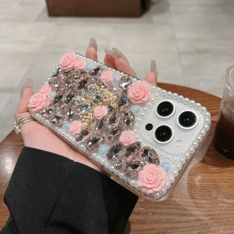 

Light Luxury Diamond Studded Bow Three-dimensional Pearl Rose Anti Drop Phone Case Suitable for IPhone 16 15 14 13 12 11 ProMax
