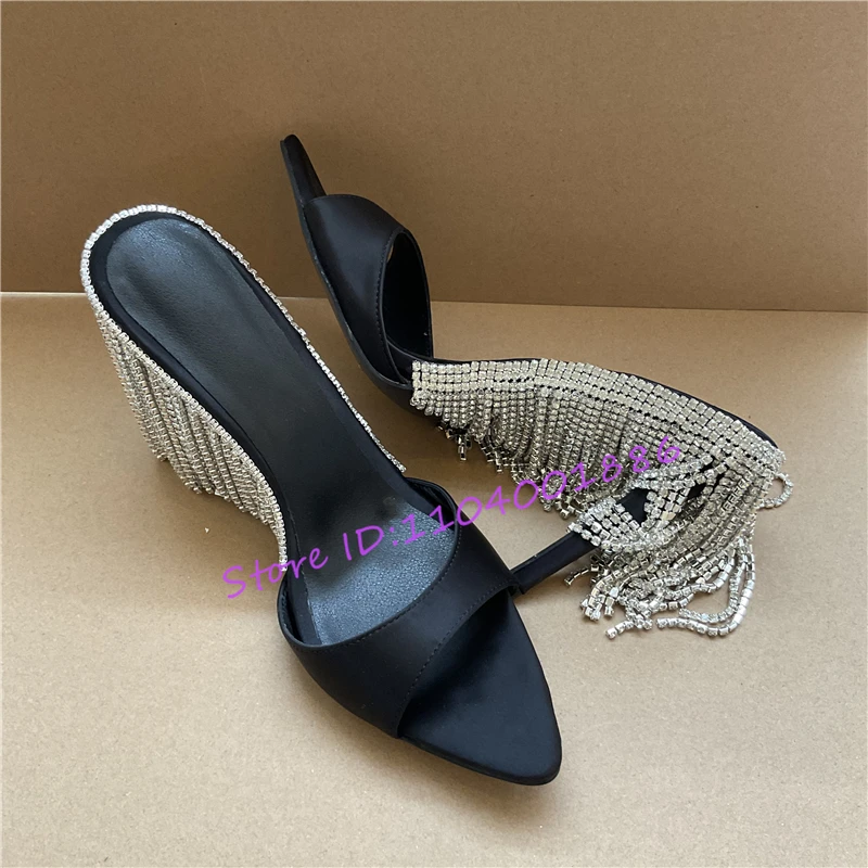 Luxury Rhinestone Tassel Sandals Women Slippers Elegant Gold Pointed Toe High Heels Party Banquet Dress Shoes Stilettos Big Size