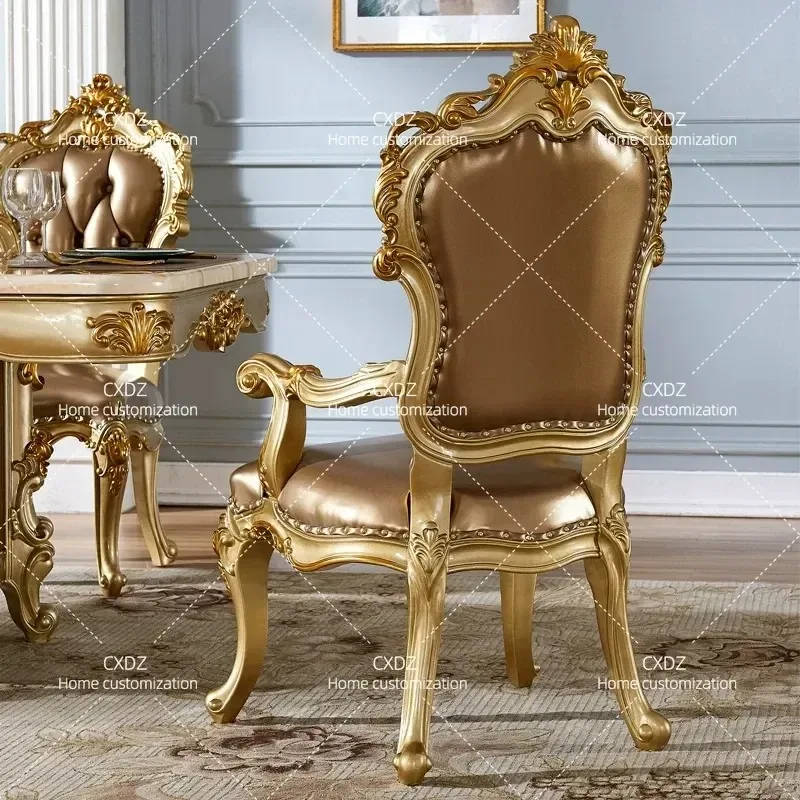 European American Style Full Solid Wood Leather Dining Chair with Champagne Gold Double Sided Engraving for Home Hotel and