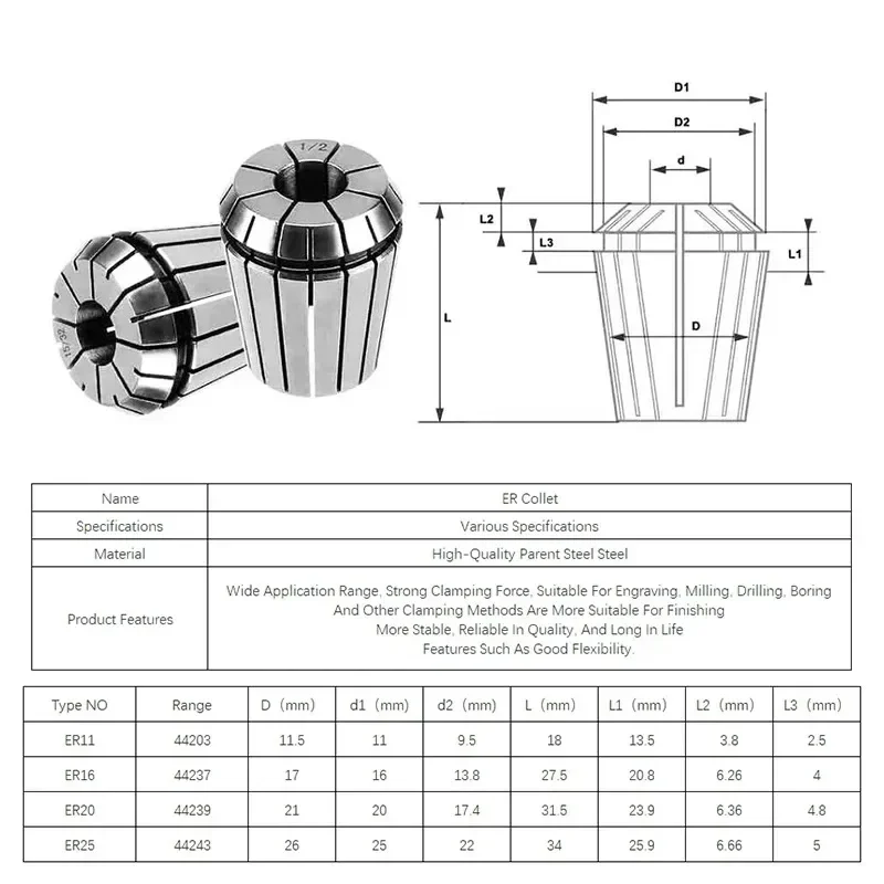 ER11 ER16 ER20 1/4MM 6.35MM 1/8MM 3.175MM 0.008Spring Collet High Precision Collet Set For CNC Engraving Machine Lathe Tool