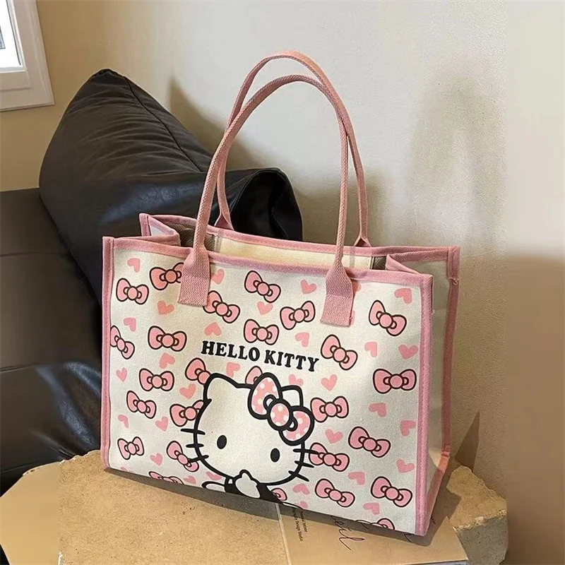 Hello Kitty All Match Retro Canvas Bag Women Commuter Shoulder Handbag Girl Student Large Capacity Cartoon Schoolbag