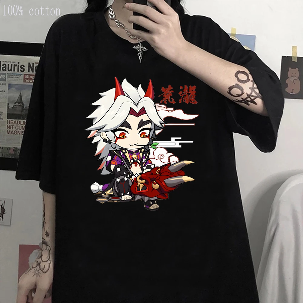 Genshin Impact Tshirt Arataki Itto T-shirt Game Graphic T shirts Women Kawaii Clothes Girls Oversized Casual Tops 100% Cotton