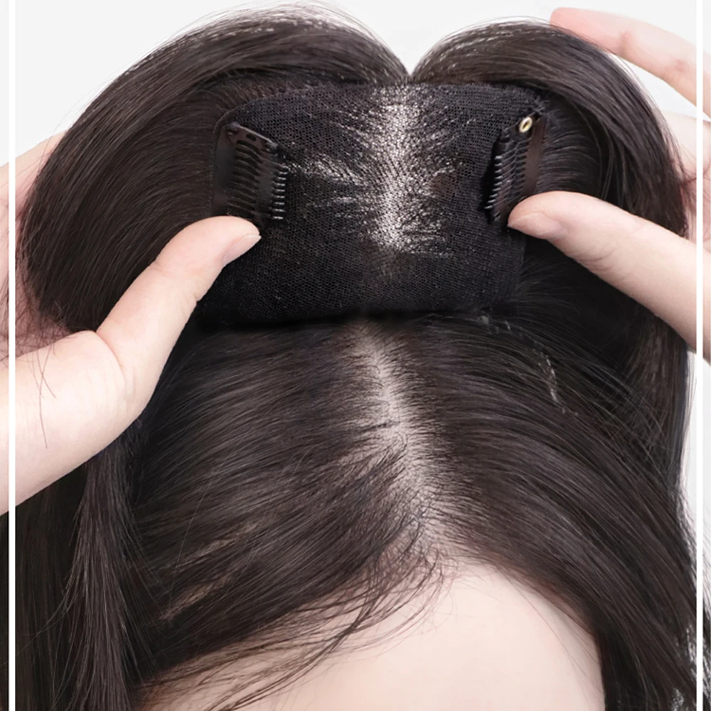 

Hair Toppers for Women with Thinning Hair Natural Black 100% Real Human Hair Topper with Bangs Swiss Lace Base Hand-Tied