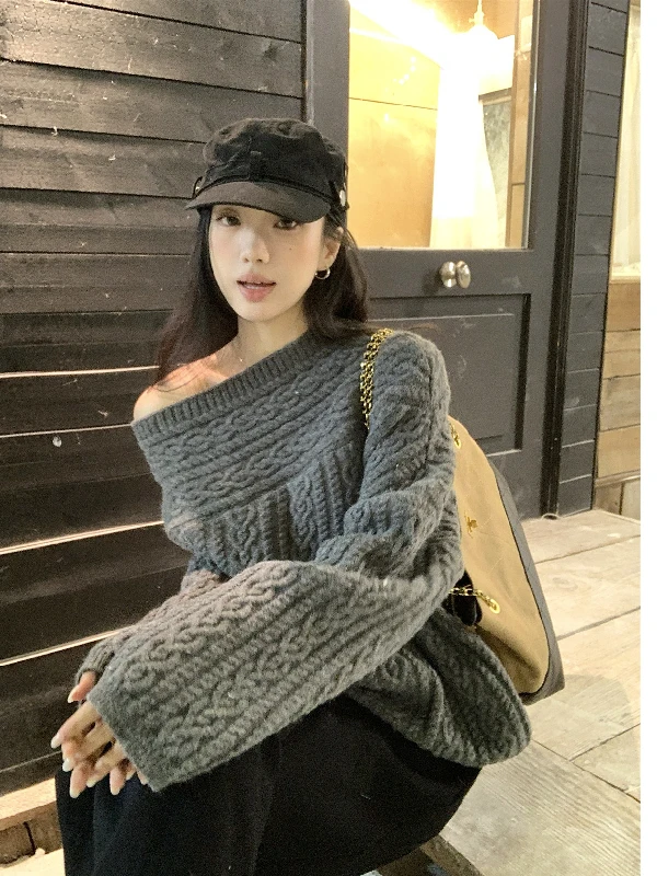 

Свободный вязаный свитер с длинным рукавом для женщин, зимний, мягкий, повседневный стиль, с одним открытым плечом, с узором косы, свободный крой, стройнящий топ